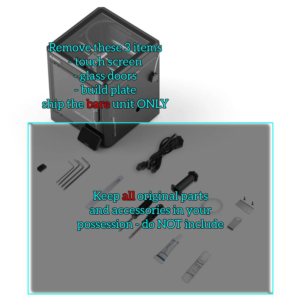 Bare Centauri series printer: remove the touch screen, glass doors and build plate, ship the bare unit only, keep all original parts and accessories